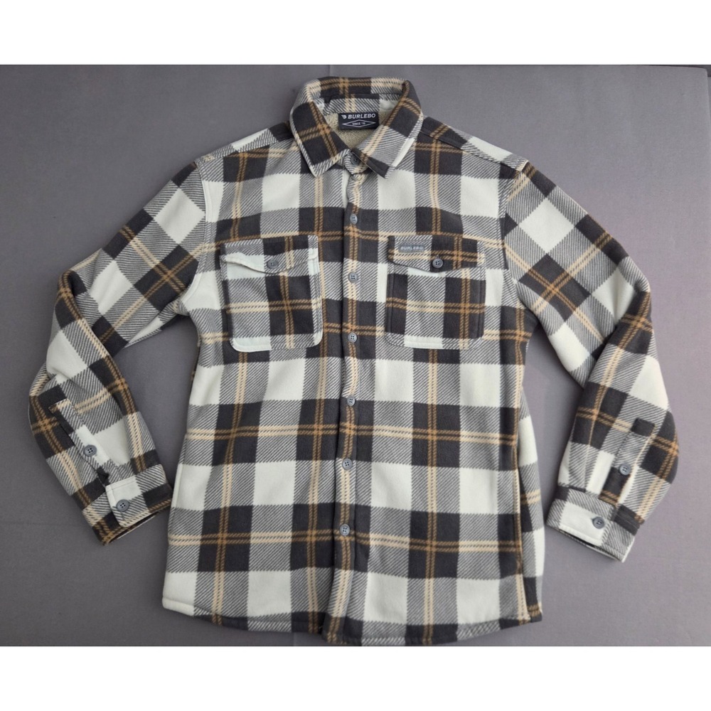 Burlebo Flannel Mens Medium White Brown Plaid Sherpa Fleece Lined Soft Shacket